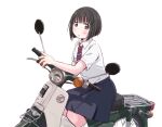  1girl black_eyes black_hair blush bob_cut highres koguma_(super_cub) looking_at_viewer maruyo medium_hair moped motor_vehicle necktie open_mouth school_uniform simple_background sitting skirt solo super_cub white_background 