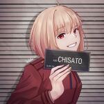  1girl absurdres barbie_mugshot_(meme) blonde_hair character_name chxoswolf grin head_tilt highres holding holding_sign jacket long_sleeves looking_at_viewer lycoris_recoil lycoris_uniform meme mugshot nishikigi_chisato red_eyes red_jacket short_hair sign signature smile solo upper_body 