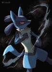  black_background cazmo closed_mouth commentary_request hand_up legs_apart lucario pokemon pokemon_(creature) red_eyes solo spikes watermark yellow_fur 