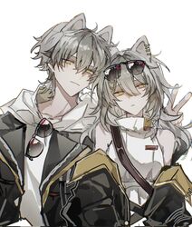  1boy 1girl ahoge animal_ears asfwef bare_shoulders black_jacket breasts caelus_(world_tour_2023)_(honkai:_star_rail) cat_ears closed_mouth collarbone eyewear_on_head hair_between_eyes hair_ornament highres honkai:_star_rail honkai_(series) jacket looking_at_viewer medium_breasts medium_hair open_clothes open_jacket parted_lips shirt short_hair simple_background stelle_(world_tour_2023)_(honkai:_star_rail) upper_body v white_background white_shirt x_hair_ornament 