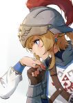 1boy 1girl absurdres arm_guards blonde_hair blue_eyes bow brown_gloves commentary_request earrings fingerless_gloves from_side gloves helmet highres holding_hands imminent_kiss jewelry kiss kissing_hand link looking_ahead momoju163 pointy_ears princess_zelda short_ponytail simple_background the_legend_of_zelda the_legend_of_zelda:_breath_of_the_wild 