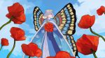  1boy animal_print blue_cape blue_sky butterfly_print cape clouds crown dandepom fairy fate/grand_order fate_(series) flower grey_hair highres holding holding_flower looking_to_the_side oberon_(fate) poppy_(flower) sky 