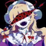  1girl black_background black_eyes blonde_hair bow cake_mogo dress extra_eyes frilled_dress frilled_hat frilled_shirt_collar frills gap_(touhou) hair_ribbon hat hat_bow long_hair open_mouth purple_dress red_bow red_ribbon ribbon simple_background smile teeth touhou very_long_hair white_headwear yakumo_yukari 