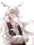  1boy animal_ears arknights black_vest colored_eyelashes goat_boy goat_ears goat_horns highres horns jewelry kreide_(arknights) long_hair long_sleeves looking_at_viewer male_focus open_clothes open_collar open_vest own_hands_together parted_lips pendant ramel shirt simple_background smile solo swept_bangs upper_body vest violet_eyes white_background white_hair white_shirt wing_collar 