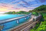  bridge clouds commentary_request east_japan_railway_company lamppost mountain mugumo_24k no_humans ocean original outdoors overhead_line power_lines railroad_tracks real_world_location road rock scenery train water 