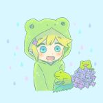  1boy basil_(omori) blonde_hair blue_background blue_eyes blush flower frog hair_flower hair_ornament long_sleeves looking_down omori open_mouth raincoat short_hair simple_background smile solo sun_iiinu 