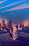  1boy artist_name black_pants byndebondry city cityscape clouds collared_shirt crossed_legs dusk highres jimin_(bts) looking_up pants purple_hair rooftop shirt sitting sky solo white_shirt 