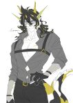  1boy absurdres arknights belt black_gloves black_pants dragon_boy dragon_horns fins fish_tail furry furry_male gloves grey_shirt highres horns lee_(arknights) long_hair looking_to_the_side m_inseokmin male_focus multicolored_hair pants pointy_ears shirt solo tail 