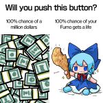  1girl blue_bow blue_dress blue_eyes blue_hair bow character_doll chicken_(food) cirno closed_mouth commentary doll dollar_bill dress eating english_text food fumo_(doll) hair_bow highres holding holding_food kasuya_baian looking_at_viewer meme money neck_ribbon pinafore_dress puffy_short_sleeves puffy_sleeves red_ribbon ribbon shirt short_hair short_sleeves simple_background sitting sleeveless sleeveless_dress smile solo sparkle touhou v-shaped_eyebrows white_background white_shirt will_you_press_the_button?_(meme) 