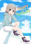  1girl birthday blush character_name clouds dated day dot_nose english_text grey_hair hair_ornament hairclip happy_birthday highres looking_at_viewer medium_hair no_socks shoes sitting sky smile sneakers solo stairs su6546age yama_no_susume yukimura_aoi 