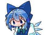  1girl blue_bow blue_eyes blue_hair bow bowtie buffering cirno collared_shirt commentary_request dot_nose dress hair_bow ice ice_wings kasuya_baian looking_down medium_hair pinafore_dress shirt simple_background sleeveless sleeveless_dress smile solo touhou white_background white_shirt wings 