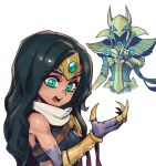  1boy 1girl armor azir bare_shoulders black_hair breasts colored_skin cropped_torso gold_armor green_eyes helm helmet league_of_legends long_hiar medium_breasts open_mouth phantom_ix_row scarf shiny_skin simple_background sivir teeth the_legend_of_zelda the_legend_of_zelda:_tears_of_the_kingdom upper_body upper_teeth_only white_background 