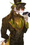  1boy absurdres ambiguous_gender arknights artist_name braid doctor_(arknights) dragon_boy furry furry_male furry_with_non-furry hat highres holding_hands interspecies lee_(arknights) lee_(trust_your_eyes)_(arknights) looking_at_another m_inseokmin multicolored_hair pointy_ears round_eyewear top_hat white_background 