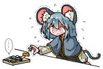  ... 1girl animal_ears arm_at_side blue_capelet capelet cheese closed_mouth commentary_request constricted_pupils flying_sweatdrops food grey_hair highres kasuya_baian mouse_ears mouse_girl mouse_tail mousetrap nazrin nervous outstretched_arm partial_commentary reaching short_hair simple_background solo speech_bubble spoken_ellipsis sweat tail touhou trembling v-shaped_eyebrows wavy_mouth white_background 