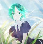  1other androgynous aqua_hair arched_back black_necktie blurry crystal_hair day depth_of_field gem_uniform_(houseki_no_kuni) grass highres houseki_no_kuni looking_at_viewer nature necktie other_focus outdoors phosphophyllite puffy_short_sleeves puffy_sleeves rei_snow_garden short_hair short_sleeves signature sky solo sparkle surprised upper_body 