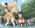  4girls animal animal_ears animal_print bare_shoulders bent_over black_eyes black_hair black_pantyhose blonde_hair blue_sky bucket colored_inner_hair common_raccoon_(kemono_friends) crab day elbow_gloves extra_ears fennec_(kemono_friends) food fox_ears fox_girl fox_tail gloves hair_between_eyes holding holding_bucket kaban_(kemono_friends) kemono_friends legs_apart looking_at_another looking_back medium_hair miniskirt multicolored_hair multiple_girls no_headwear outdoors pantyhose pantyhose_under_shorts partially_submerged print_gloves print_scarf print_skirt print_thighhighs raccoon_tail red_shirt river scarf serval_(kemono_friends) serval_print shirt short-sleeved_sweater short_sleeves shorts sitting skirt sky sleeveless sleeveless_shirt splashing standing surprised sweater t-shirt tail tamagoya thigh-highs upside-down wading water yellow_eyes zettai_ryouiki 