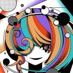  1girl abstract circle colorful commentary hair_over_one_eye halftone long_hair looking_at_viewer machigami_yoh multicolored_eyes multicolored_hair one_eye_covered original parted_lips portrait smile solo straight-on 