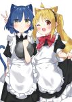  2girls ;d ahoge animal_ear_fluff animal_ears apron black_dress black_hairband blonde_hair blue_hair bocchi_the_rock! bow braid brown_eyes cat_ears cat_girl cat_tail closed_mouth collared_dress commentary_request dress eyes_visible_through_hair frilled_apron frills hair_ornament hair_over_one_eye hairband hairclip highres holding holding_tray ijichi_nijika kemonomimi_mode long_hair looking_at_viewer maid maid_apron multiple_girls one_eye_closed puffy_short_sleeves puffy_sleeves red_bow red_eyes short_sleeves side_ponytail simple_background smile suta0822 tail tray v v-shaped_eyebrows very_long_hair white_apron white_background yamada_ryou 