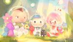  1girl 2boys alph_(pikmin) b_spa_gyoreva backpack bad_id bad_pixiv_id bag big_nose blue_eyes blue_gloves blue_hair blue_pikmin blush brittany_(pikmin) brown_eyes brown_hair charlie_(pikmin) crossed_arms dappled_sunlight facial_hair flower freckles glasses gloves grass green_gloves hand_on_another&#039;s_leg hands_on_lap helmet hiding hiding_behind_another leaf light_smile looking_at_another looking_at_viewer multiple_boys mustache open_mouth pikmin_(series) pink-framed_eyewear pink_bag pink_flower pink_gloves pink_hair pink_skirt purple_flower purple_pikmin radio_antenna red_pikmin rock_pikmin shady_eyes short_hair sitting skirt smile space_helmet spacesuit standing_on_another&#039;s_head sunlight third-party_source tiny whistle white_pikmin winged_pikmin yellow_pikmin 