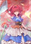  blue_dress breasts closed_mouth coin commentary_request dress flower hair_bobbles hair_ornament highres holding holding_scythe looking_to_the_side mouryou_(chimimouryou) obi outdoors red_eyes red_flower redhead sash scythe short_hair smile spider_lily touhou two_side_up 