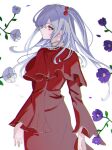  capelet closed_mouth commentary dress flower grey_eyes grey_hair hair_bobbles hair_ornament hat_iue highres long_hair long_sleeves looking_at_viewer looking_back one_side_up purple_flower red_capelet red_dress shinki_(touhou) simple_background touhou touhou_(pc-98) white_background white_flower 
