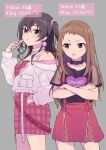  2girls absurdres bare_shoulders belt belt_collar black_belt black_shirt blush bow brown_eyes brown_hair cellphone character_profile collar collarbone cropped_jacket crossed_arms dot_nose dress earrings grey_background hair_between_eyes hair_bow hand_on_own_hip hand_up highres holding holding_phone idolmaster idolmaster_cinderella_girls idolmaster_cinderella_girls_starlight_stage jacket jewelry koseki_reina long_hair long_sleeves looking_at_viewer mole mole_under_eye multiple_girls parted_lips partially_unbuttoned phone pink_bow plaid plaid_dress print_shirt red_dress red_skirt shirt short_sleeves simple_background skirt smartphone standing sunazuka_akira suspender_skirt suspenders tongue tongue_out twintails v-shaped_eyebrows white_belt white_jacket yumesaki_nana zipper_pull_tab 