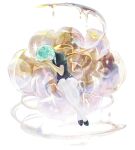  1other androgynous aqua_hair arm_pillow bare_arms belt black_footwear black_necktie blurry bokeh closed_eyes crossed_ankles crystal_hair depth_of_field floating flower full_body gem_uniform_(houseki_no_kuni) golden_arms head_rest highres houseki_no_kuni leaning_to_the_side lotus melting necktie other_focus pale_skin phosphophyllite puffy_short_sleeves puffy_sleeves rei_snow_garden shoes short_hair short_sleeves simple_background sitting sleeping solo sparkle white_background 