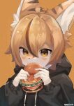  absurdres animal_ears black_jacket blush burger eating food furry furry_male highres jacket mohi_(sibamohi1223) orange_fur original tiger tiger_ears 