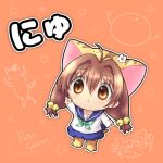  1girl animal_hat antenna_hair bell blue_sailor_collar blue_shorts brown_eyes brown_hair cat_hat cat_tail chibi copyright_name di_gi_charat flower hair_bell hair_between_eyes hair_ornament hat hat_flower hetaresandayo jingle_bell long_sleeves paw_shoes pointing puchiko sailor_collar shirt shorts solo star_(symbol) striped striped_headwear tail translation_request triangle_mouth white_flower white_shirt yellow_headwear 
