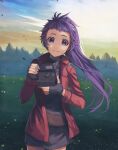  1girl arc_the_lad black_skirt camera closed_mouth earrings fingerless_gloves finia gloves highres iro_saki jacket jewelry long_hair long_sleeves looking_at_viewer ponytail purple_hair skirt smile solo standing tree violet_eyes 