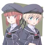  2girls back-to-back black_neckerchief blonde_hair blue_dress blue_eyes blue_headwear blue_sailor_collar blunt_bangs breasts brown_hair clothes_writing commentary_request dress hat highres kantai_collection multiple_girls neckerchief red_eyes sailor_collar sailor_dress sailor_hat shin_(shin_k009) short_hair small_breasts upper_body z1_leberecht_maass_(kancolle) z3_max_schultz_(kancolle) 