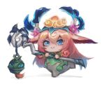  1girl :&gt; blonde_hair blue_eyes full_body hair_between_eyes hair_ornament highres holding holding_staff horns horse_girl league_of_legends lillia_(league_of_legends) long_hair looking_at_viewer lxi_(lxi141) multicolored_hair pink_hair shan_hai_scrolls_lillia simple_background solo staff white_background 