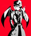  1girl alternate_costume chinese_commentary cigarette closed_mouth coat collared_shirt commentary_request hand_in_pocket highres limited_palette long_sleeves necktie nymphus red_background red_eyes remilia_scarlet shirt short_hair simple_background slit_pupils touhou 