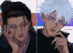  2boys black_hair blue_eyes closed_mouth ear_piercing expressionless getou_suguru_(kenjaku) gojou_satoru hair_between_eyes hand_on_own_chin hand_on_own_face highres jujutsu_kaisen long_hair looking_at_viewer messy_hair multiple_boys piercing portrait short_hair signature white_background white_hair wosara 