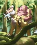  absurdres claws commentary_request day electricity forest highres jira_(ziraiya26) nature no_humans outdoors pokemon pokemon_(creature) raikou red_eyes solo standing tree tusks 
