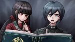  1boy 1girl absurdres ahoge artist_name black_jacket black_sailor_collar blunt_bangs book buttons danganronpa_(series) danganronpa_v3:_killing_harmony double-breasted earrings grey_eyes grey_hair hair_between_eyes hair_ornament hairclip harukawa_maki highres jacket jewelry long_hair low_twintails mole mole_under_eye official_style open_book randomnoisesart reading red_scrunchie red_shirt saihara_shuichi sailor_collar scrunchie shirt short_hair striped striped_jacket teeth tongue twintails upper_body upper_teeth_only 