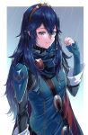  1girl ameno_(a_meno0) armor belt black_sweater blue_cape blue_eyes blue_gloves blue_hair brown_belt cape elbow_gloves fingerless_gloves fire_emblem fire_emblem_awakening gloves hair_between_eyes long_hair long_sleeves looking_at_viewer lucina_(fire_emblem) pauldrons rain red_cape ribbed_sweater shoulder_armor solo sweater tiara turtleneck turtleneck_sweater two-tone_cape wet 