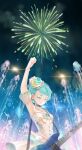  1girl absurdres aerial_fireworks arm_up armpits bang_dream! blue_flower blue_hair blue_rose buttons choker closed_eyes dangle_earrings detached_sleeves earrings eyelashes fireworks flower fountain guitar highres hikawa_sayo holding holding_instrument instrument jewelry nichiju_(you) puffy_detached_sleeves puffy_sleeves rose smile solo 