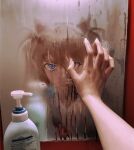  1girl absurdres bathroom blue_eyes brown_hair covered_mouth fingernails hair_ornament hand_over_eye highres huli_xiaobai long_hair looking_at_mirror looking_at_viewer mirror neon_genesis_evangelion out_of_frame outstretched_arm pov pov_hands realistic reflection school_uniform shampoo_bottle solo souryuu_asuka_langley two_side_up wet window_fog 