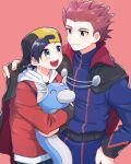 2boys backwards_hat belt blue_jacket blue_pants cape closed_mouth commentary_request dratini ethan_(pokemon) eye_contact grey_eyes hat highres holding holding_pokemon jacket lance_(pokemon) long_sleeves looking_at_another male_focus mochi_(mocchi_p_2m) multiple_boys pants pink_background pokemon pokemon_(creature) pokemon_(game) pokemon_hgss red_jacket redhead short_hair smile spiky_hair 
