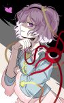  1girl absurdres black_hairband blue_shirt commentary_request hairband heart highres ichirugi komeiji_satori long_sleeves looking_at_viewer multicolored_background pink_hair shirt short_hair solo third_eye touhou upper_body violet_eyes 