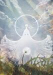  1other androgynous blurry cloak clouds commentary_request dandelion day depth_of_field facing_viewer flower grass halo highres houseki_no_kuni nature other_focus outdoors phosphophyllite phosphophyllite_(10000) rei_snow_garden signature sky solo spoilers sunlight white_cloak 