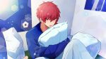  1boy 1zg_om blue_lock blue_sweater commentary_request hexagon highres kurona_ranze long_sleeves male_focus object_hug open_mouth pentagon_(shape) pillow pillow_hug red_eyes redhead short_hair solo sweater 