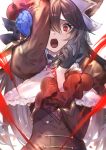  1girl arm_up black_hair blue_flower blue_rose bonnet brown_hair crying crying_with_eyes_open dress erune flower frilled_sleeves frills granblue_fantasy hair_flower hair_ornament hand_up highres juliet_sleeves long_sleeves nier_(granblue_fantasy) nier_(tormented_lover)_(granblue_fantasy) official_alternate_costume one_eye_covered open_mouth puffy_sleeves rose solo suzu_(suzuame329) tears 