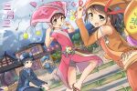  1boy 3girls bamboo blue_dress brown_eyes brown_hair china clouds cloudy_sky dancing detached_sleeves dress dutch_angle guang_xi highres house looking_at_viewer mountain multiple_girls orange_dress original pink_dress short_sleeves sky traditional_clothes xyy25 