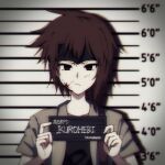  1other androgynous asymmetrical_hair barbie_mugshot_(meme) black_headband black_shirt blood blood_on_face brown_eyes brown_hair card character_name coat green_coat headband height_chart height_mark highres holding holding_card holding_sign kurohebi len&#039;en meme mugshot shirt short_hair short_sleeves sign 