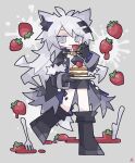  1girl animal_ears arknights black_coat black_footwear black_gloves black_shirt black_skirt boots cake chibi coat commentary food fork fruit full_body gloves grey_background grey_eyes grey_hair highres holding holding_food holding_plate kdmr0402 knife lappland_(arknights) lappland_(refined_horrormare)_(arknights) long_hair looking_at_viewer messy_hair open_clothes open_coat oripathy_lesion_(arknights) plate shirt signature simple_background skirt skull skull_brooch slit_pupils smile solo splatter strawberry very_long_hair white_shirt wolf_ears wolf_girl 