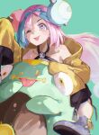  1girl ;p absurdres bare_shoulders bellibolt blue_background blue_hair bow-shaped_hair character_hair_ornament eyelashes hair_ornament highres iono_(pokemon) jacket long_hair long_sleeves multicolored_hair one_eye_closed pink_eyes pink_hair pokemon pokemon_(creature) pokemon_(game) pokemon_sv riding riding_pokemon sleeves_past_fingers sleeves_past_wrists tongue tongue_out twintails two-tone_hair tyaui_(xjju4435) yellow_jacket 