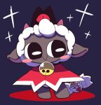  1boy bell blue_background blush_stickers cape cult_of_the_lamb furry furry_male highres horns lamb neck_bell nettsuu red_cape red_crown_(cult_of_the_lamb) sheep sheep_horns simple_background smile the_lamb_(cult_of_the_lamb) white_fur wool 