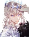  1boy absurdres alternate_hairstyle blue_eyes cape crown diamond_hairband expressionless fate/grand_order fate_(series) fur-trimmed_cape fur_trim grey_hair highres looking_at_viewer maidhao male_focus medium_hair no_wings oberon_(fate) shirt sidelocks signature simple_background solo upper_body white_background white_shirt 
